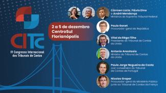 Imagemem fundo azul mostra, à esquerda, a logo do congresso, que é uma silhueta da Ponte Hercílio Luz, em Florianópolis. À direita, há a imagem de 9 palestrantes, com os cargos de cada um.