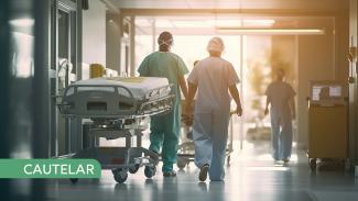 Banner horizontal. Imagem de um corredor de hospital. Nela, uma maca vazia à esquerda. Ao centro, de costas, dois enfermeiros caminham em direção à uma porta de vidro. No canto inferior direito, sobre um fundo verde claro, em letras brancas está escrita a palavra cautelar.