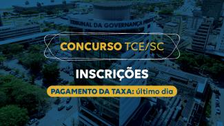 Banner horizontal com foto do prédio do TCE/SC, com filtro azul-escuro. Sobre a imagem, ao centro, em retângulo vazado, o título “Concurso TCE/SC” e o texto “Inscrições: último dia. Prazo: até as 16h de 2 de abril”.