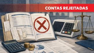 Banner horizontal com ilustração de elementos relacionados à análise e julgamento de contas públicas. Em destaque, há um livro aberto sobre uma mesa, com uma grande marca de “X” vermelho em uma das páginas, simbolizando reprovação. Ao redor, aparecem documentos, recibos, moedas, calculadoras, gráficos e relatórios financeiros. Na parte superior da imagem, uma faixa vermelha exibe o texto “Contas rejeitadas". 