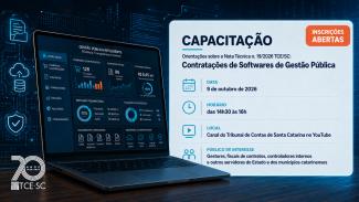 Banner horizontal de divulgação de capacitação sobre a Nota Técnica n. 19.2026 do TCE/SC. À esquerda, um notebook com um sistema aberto, com gráficos e tabelas. À direita, card com fundo claro e com as informações do evento, como data (9 de outubro), horário (das 14h às 16h) e local (canal no YouTube). Acima, há um retângulo laranja com a informação “Inscrições abertas”.