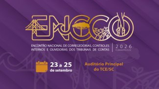 Banner horizontal com fundo roxo. Ao centro, logo do ENCCO, composta por ilustrações que remetem a símbolos catarinenses e institucionais, em dourado. Abaixo, as informações de data e local: 23 a 25 de setembro, auditório principal do TCE/SC. 