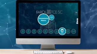 Banner horizontal com imagem em fundo azul-escuro. Ao centro, um monitor exibe a página do Farol TCE/SC, composto pelo logo e pelos botões separados por áreas, dispostos lado a lado na borda inferior. Em destaque, o botão do Meio Ambiente e, ao centro, o botão “Saneamento Básico”.  