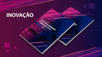 Banner horizontal com fundo nas cores roxa e rosa e com efeitos gráficos. Ao centro, duas publicações do Petic sobrepostas. Na capa, como marca d’água, imagem da sede do TCE/SC, com filtro rosa e roxo. Sobre a imagem, o título “Planejamento Estratégico de Tecnologia da Informação e Comunicação (Petic)” e o logo do Tribunal. À esquerda do banner, o título “Inovação”, em fonte branca. 