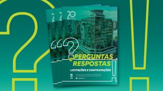Banner horizontal com fundo verde e elementos gráficos de interrogação e exclamação como marca d'água. Ao centro, destaque para a capa da publicação “Perguntas e Respostas: Licitações e Contratações”. A imagem apresenta exemplares da revista sobrepostos, compostos por foto aérea da sede do Tribunal ao fundo e elementos gráficos em tons de verde e amarelo. O título aparece em fonte verde-claro, acompanhado de ícones de interrogação e exclamação. 