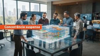 Banner horizontal que ilustra uma reunião técnica na área de engenharia e construção. Seis profissionais estão reunidos em torno de uma mesa interativa, analisando uma maquete digital tridimensional de um edifício. Ao fundo, há telas com projetos e plantas arquitetônicas em um ambiente corporativo moderno. Sobre a imagem, uma faixa laranja destaca o texto “Concorrência suspensa”. 