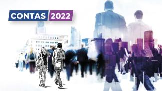 Banner horizontal com imagens e desenhos de pessoas caminhando e de costas, em tons de roxo e azul. Sobre a imagem, o texto “Contas 2022”, no canto superior esquerdo, destacado sobre dois retângulos: um azul e um roxo, respectivamente. 