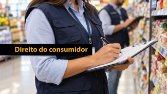 Banner horizontal com foto de uma pessoa fazendo anotações em uma prancheta. Veste colete azul-marinho e usa um crachá no pescoço. Está em um supermercado. Ao fundo, aparece outro colega. Sobre a foto, em tarja preta, o texto “Direito do consumidor”.