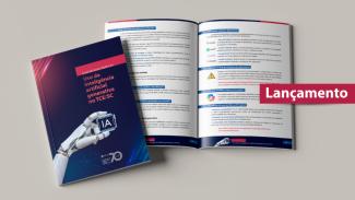 Banner horizontal com fundo cinza. Ao centro, capa do guia de boas práticas no uso de inteligência artificial generativa no TCE/SC, composta pelo título sobre fundo azul-escuro, com imagem de uma mão robótica. Ao lado, foto de páginas do guia abertas. Na lateral, em tarja vermelha, o texto "Lançamento".