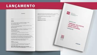 Banner horizontal com foto de três páginas da revista, com o sumário e a capa, composta pelo título, “Revista do Tribunal de Contas do Estado de Santa Catarina RTCE/SC”, pelas informações de ano, edição e ISSN, e pelos logos do TCE/SC e da Editora Fórum. Na parte superior do banner, sobre tarja vermelha, o texto “Lançamento”.