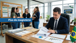 Banner horizontal com foto de um ambiente administrativo. Em destaque, um homem de terno está sentado à mesa analisando documentos. Sobre a mesa há relatórios, gráficos impressos e pastas identificadas. Ao fundo, quatro profissionais conversam em pé em frente a um painel com informações sobre o plano de carreira e o piso salarial do magistério. Em uma parede lateral, há um cartaz com a mensagem “Valorização da Educação Pública”. Sobre a imagem, uma faixa azul destaca o texto “Piso do magistério”. 