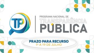 Banner horizontal com fundo branco. Ao centro, o texto "Programa Nacional de Transparência Pública - Prazo para recurso – 1º a 19 de julho" e o logo do programa. Nas laterais, elementos gráficos, nas cores amarela, azul, verde e branca. 