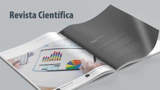 Banner com fundo cinza mostra a imagem de uma revista aberta. Na página à esquerda, há gráficos coloridos. Na página à direita há um texto em letras brancas sobre folha cinza. No alto, à esquerda, a expressão “Revista Científica” 