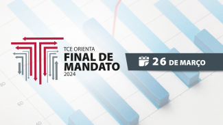 Banner horizontal com fundo claro. Ao centro, à esquerda, o logo do TCE Orienta Final de Mandato 2024, composto pelo nome, em fonte preta, e pelo logo do TCE/SC, que é a letra T formada por linhas vermelhas e cinzas, com setas nas pontas. À direita, sobre tarja cinza, o texto “26 de março” e o ícone de calendário.