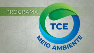 Banner horizontal com fundo cinza e marca d’água de plantas desenhadas. Sobre o fundo, ao centro, logo do Programa TCE Meio Ambiente, composto pela inscrição ao redor de um círculo vazado nas cores azul e verde, que simula uma folha