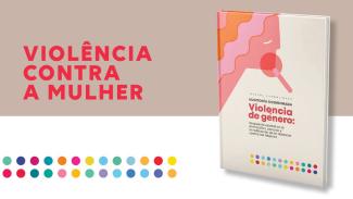 Banner com fundo dividido em duas cores: na parte superior, bege; na inferior, branca. Na parte superior, o título “Violência contra a mulher”, em fonte rosa-escuro. À esquerda, em destaque, a capa da publicação da auditoria coordenada “Violencia de género”, com fundo bege e figuras geométricas em tons de rosa. Na parte inferior, à esquerda, há vários pequenos círculos coloridos, alinhados um ao lado do outro, de forma semelhante à capa da publicação.