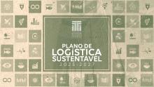 Banner horizontal com mosaico de quadrados em tons de verde, com ícones relacionados à sustentabilidade. Ao centro, em um retângulo verde maior, o logo do TCE/SC e o texto “Plano de Logística Sustentável 2025-2027", em fonte branca. O banner simula papel reciclado.