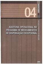 Banner vertical com o título Auditoria operacional no Programa de Medicamentos de Dispensação Excepcional em fonte branca, sobre fundo lilás com listras finas. Acima, à direita e sobre uma linha na horizontal, o número 04, em tom lilás claro, e uma faixa na vertical com o texto Relatório resumido, em fonte branca, e a logo do TCE/SC. Abaixo e à direita, o ano 2010, em fonte branca.