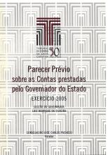 Banner em tons de branco e cinza, com marca d’água de várias logomarcas do TCE/SC. Acima e ao centro, em destaque, a logomarca do TCE/SC alusiva aos 50 anos. Ao centro, o título Parecer Prévio sobre as Contas prestadas pelo Governador do Estado, em fonte bordô; e o texto Exercício 2005 e Gestão do Governador Luiz Henrique da Silveira, em fonte preta. Na parte inferior, o nome do relator, conselheiro José Carlos Pacheco, em fonte preta. 