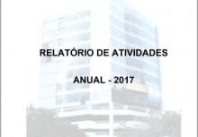 Banner horizontal com fundo branco. Ao fundo, imagem do prédio do Tribunal de Contas de Santa Catarina, em marca d’água. À frente, centralizado e em fonte preta, o texto Relatório de Atividades, Anual – 2017. 