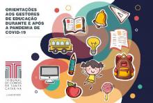 Banner horizontal com fundo branco. Na parte superior esquerda, o texto Orientações aos gestores de educação durante e após a pandemia de covid-19, em fonte preta. Abaixo, a logomarca do TCE/SC. No lado direito, fundo azul-escuro com formas geométricas arredondadas e coloridas, com ícones relacionados à educação, como de ônibus, criança, mochila, livro, maçã etc.  