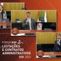 Três imagens sobre um fundo em tons de laranja. As imagens estão dispostas na diagonal e retratam os palestrantes Caroline de Souza, Sandro Luiz Nunes e Azor El Achkar durante as palestras do 2º Fórum de Licitações e Contratos Administrativos. No canto inferior esquerdo, há o ícone de um aperto de mãos sobre um papel na cor cinza e, ao lado, o título Fórum Licitações e Contratos Administrativos 2022 destacado em tons de branco. No canto superior direito, há o logotipo do TCE/SC na cor branca. 